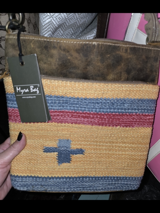 Myra Bag Handbags - Myra Bag Woven Messenger in Mustard Yellow with Blue & Red Accents